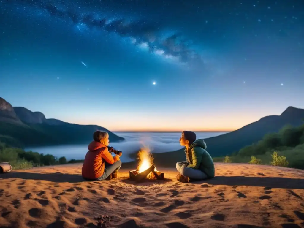 Un grupo de niños en un camping, observando estrellas con asombro