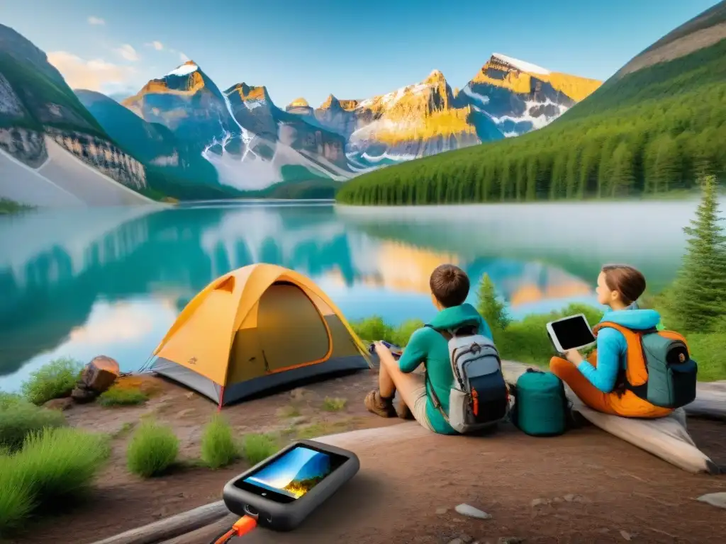 Un grupo de niños disfruta del camping en la naturaleza con seguridad, explorando con un GPS