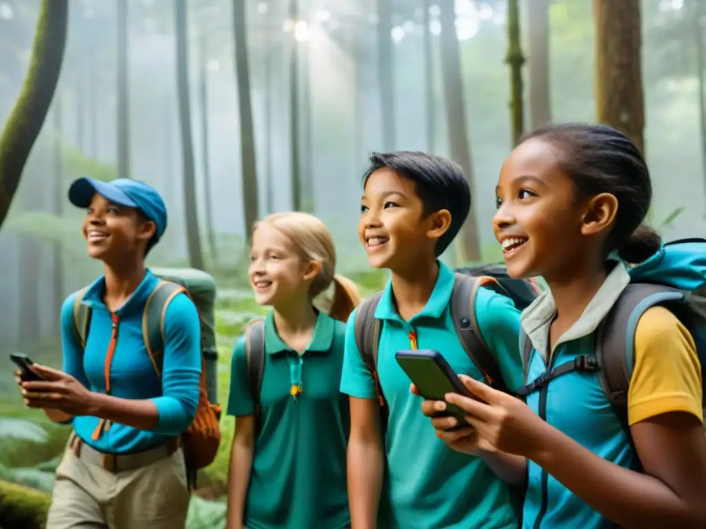 Un grupo de niños, equipados con coloridos GPS, explorando alegres un bosque durante un campamento