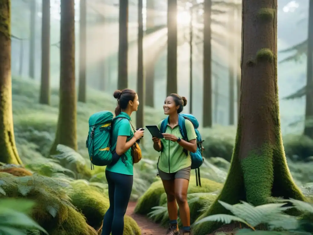 Un grupo de niños en equipo de camping explorando un bosque con GPS, en una emocionante búsqueda del tesoro