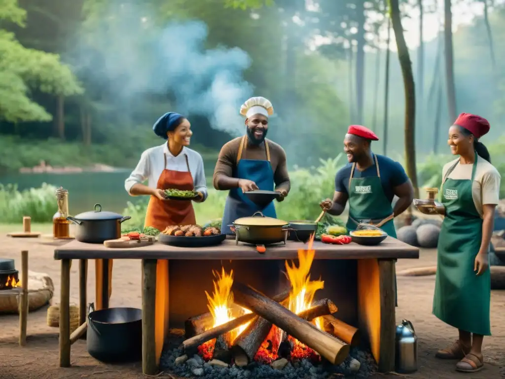 Un grupo de niños de diversas etnias cocinando en camping en el bosque