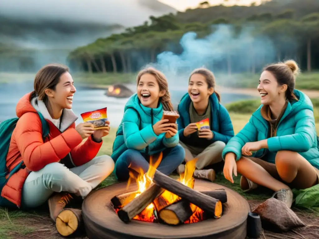 Grupo de niños felices disfrutando de snacks deshidratados en un campamento en Uruguay