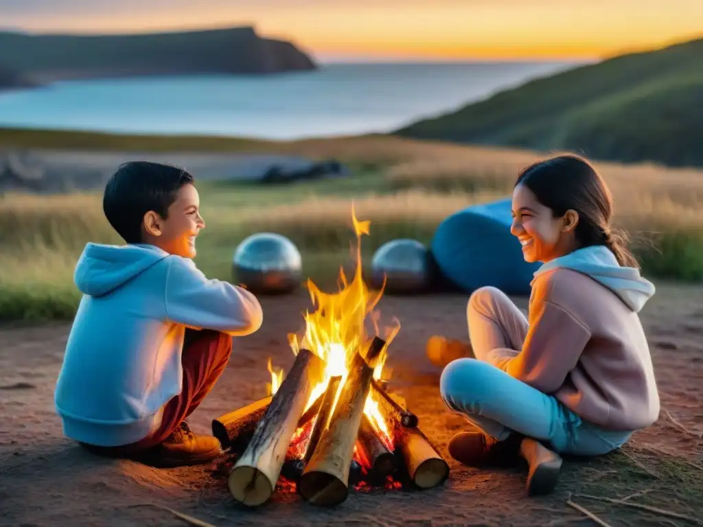 Grupo de niños riendo alrededor de fogata en camping en Uruguay