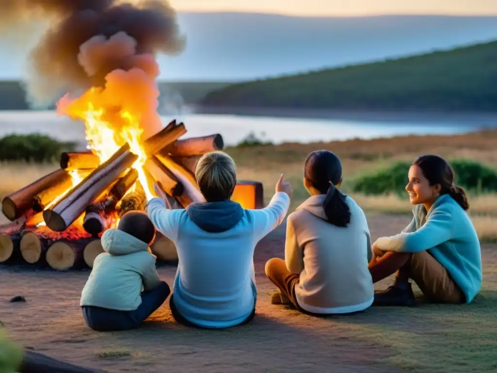 Grupo de niños escuchando historias alrededor de fogata en parque nacional de Uruguay