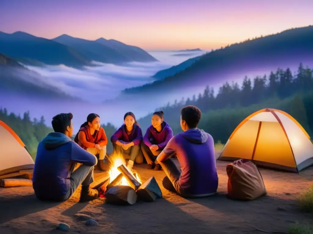 Grupo de niños escuchando historias alrededor de la fogata en un camping al atardecer