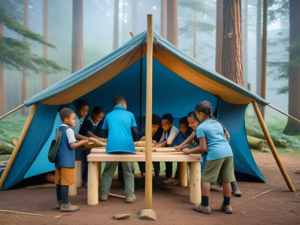 Grupo de niños y instructores construyendo refugio en campamento, rodeados de naturaleza