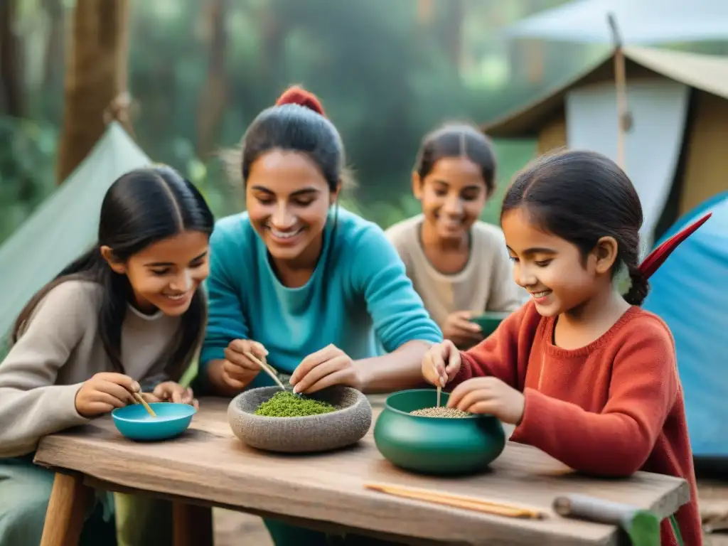 Un grupo de niños realizando manualidades ecológicas en un campamento en Uruguay, entre la exuberante vegetación