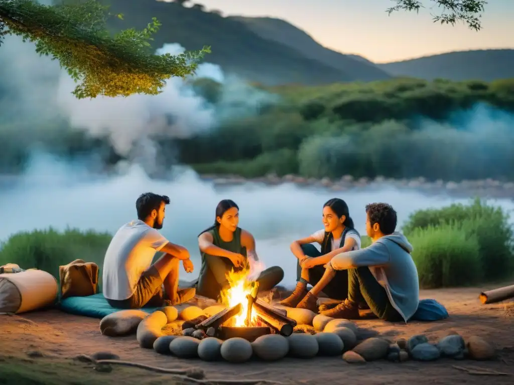 Un grupo de niños haciendo manualidades ecológicas alrededor de la fogata en un camping en Uruguay