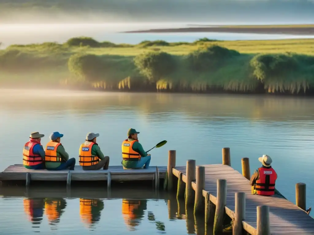 Un grupo de niños en un muelle de pesca en Uruguay, aprendiendo sobre pesca responsable con un pescador local al amanecer