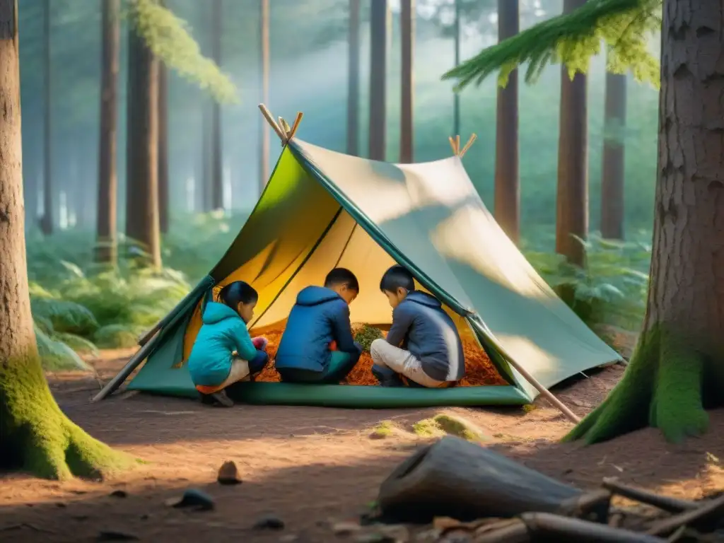 Grupo de niños en la naturaleza construyendo refugio de ramas y hojas bajo árboles altos