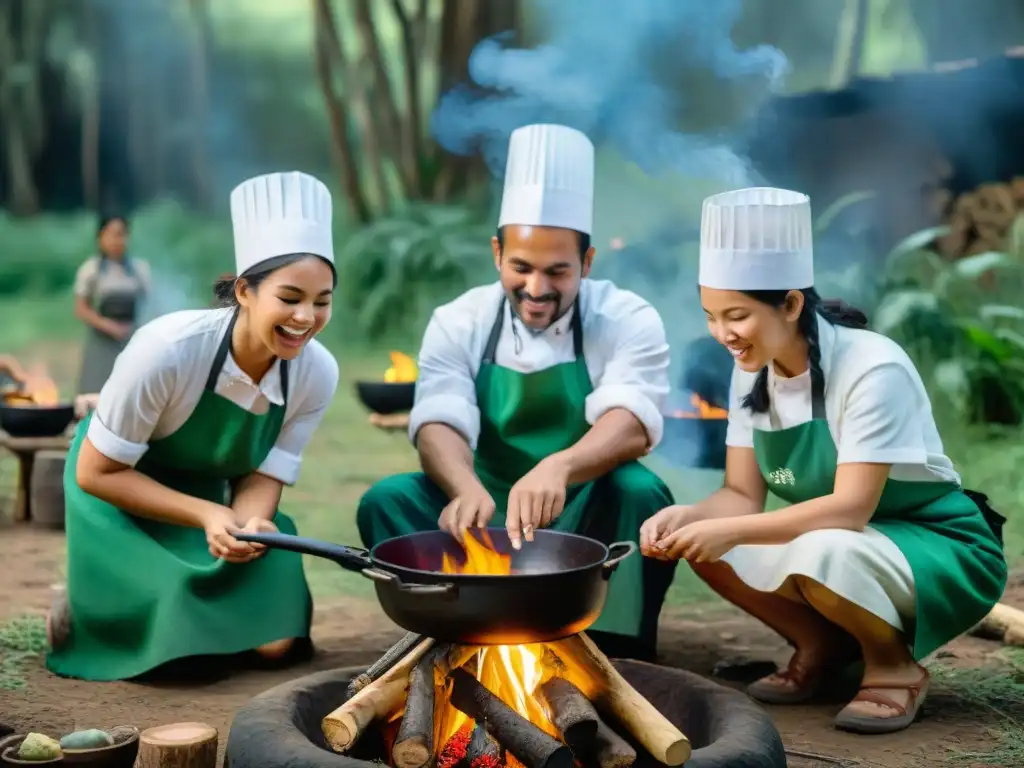 Un grupo de niños cocinando recetas fáciles para cocinar camping alrededor de una fogata en el bosque