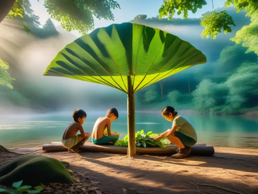 Un grupo de niños construye un refugio en el bosque con ramas y hojas, mientras el sol filtra entre el dosel del bosque