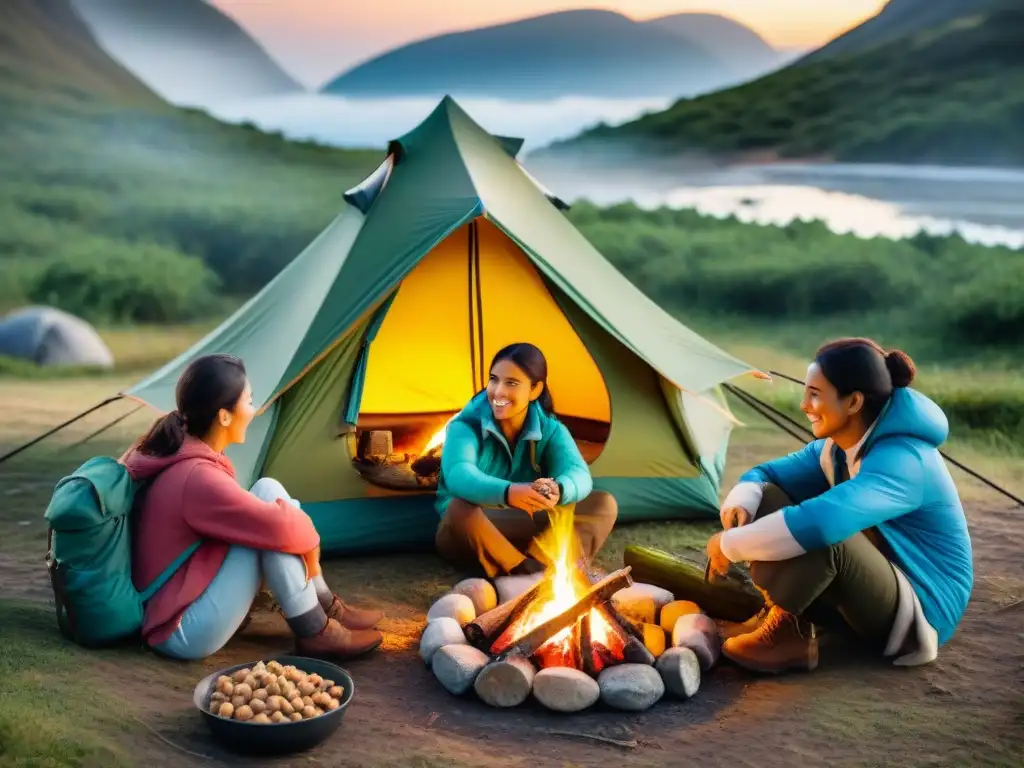 Un grupo de niños disfruta de snacks deshidratados alrededor de una fogata en un campamento en Uruguay