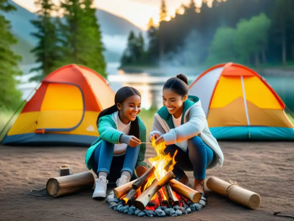 Grupo de niños sonrientes asando malvaviscos alrededor de fogata en el camping al atardecer