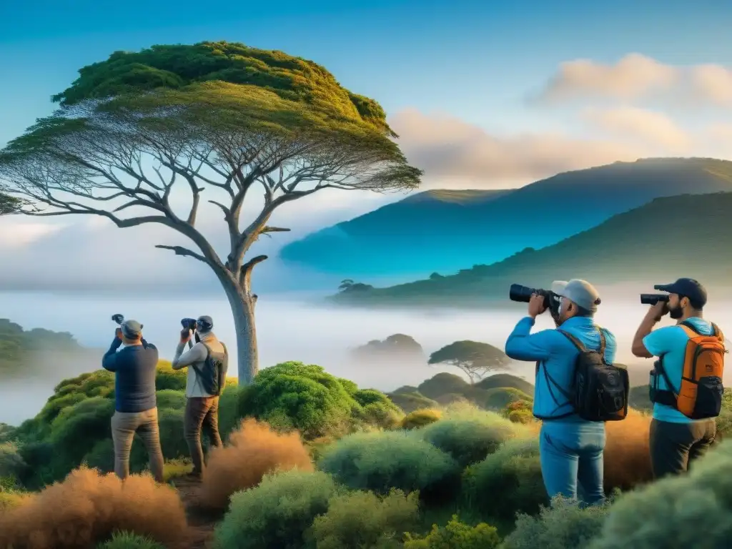 Un grupo de observadores de aves con técnicas avanzadas capturando la belleza de las aves uruguayas en su hábitat natural