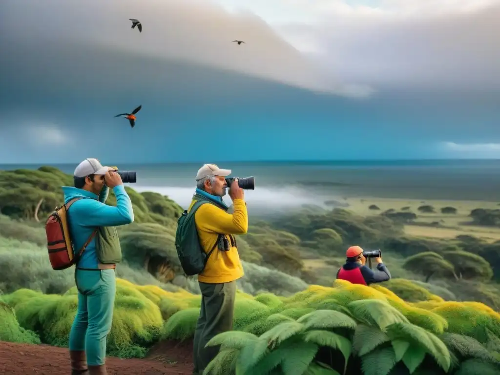 Un grupo de observadores de aves tradicionales en Uruguay, admirando con respeto la belleza de la fauna local