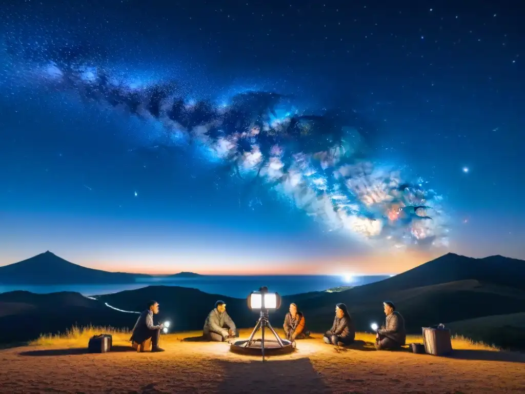 Grupo de observadores de estrellas con telescopios bajo el cielo uruguayo, rodeados de equipamiento diverso y la Vía Láctea