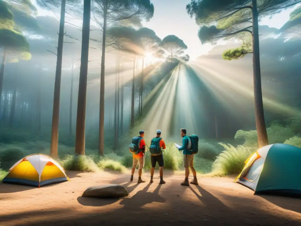 Un grupo de orientadores experimentados se prepara para una aventura de orientación en un bosque de Uruguay, con equipo de campamento de alta calidad