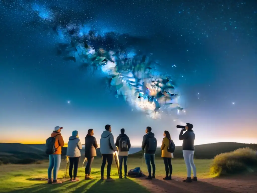 Un grupo de personas contemplando el cielo estrellado en un campamento secreto en Uruguay, observación astronómica en Uruguay