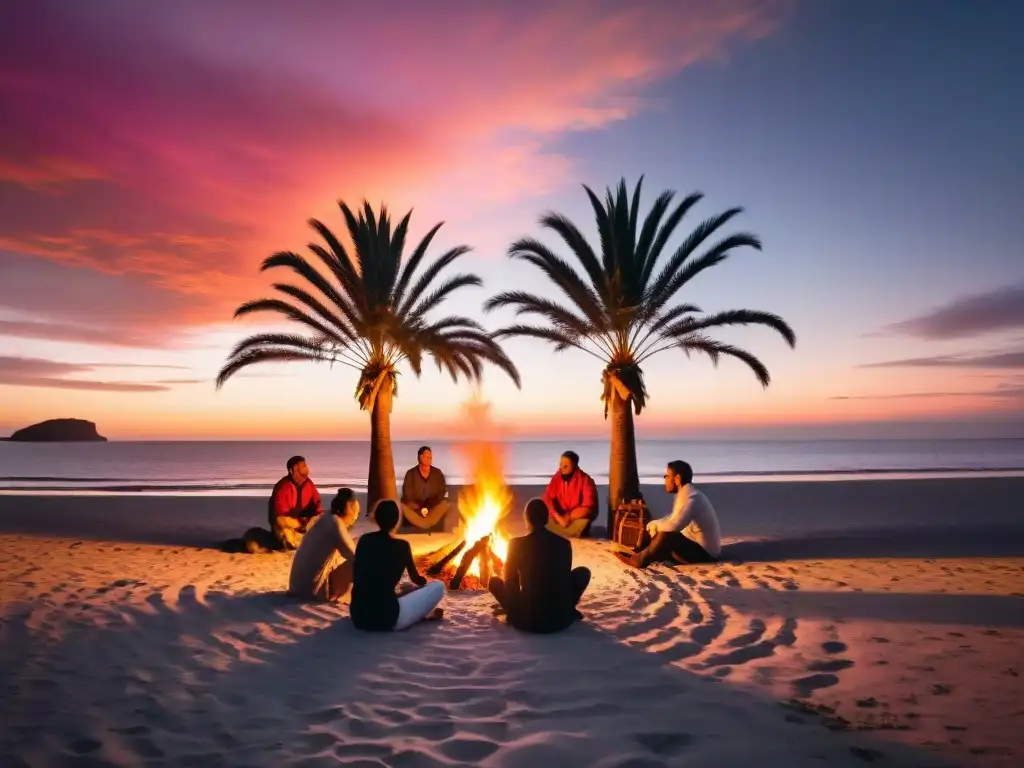 Un grupo de personas escuchando cuentos alrededor de una fogata en la playa al atardecer en Uruguay