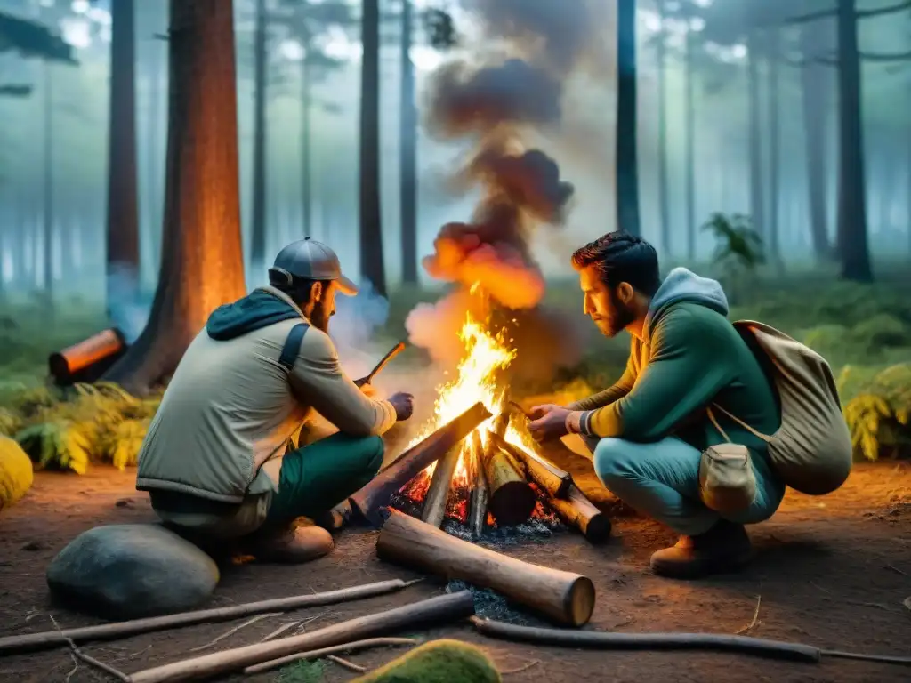 Un grupo de personas en un denso bosque de Uruguay encendiendo fuego con técnicas de bushcraft, mostrando supervivencia en camping en Uruguay