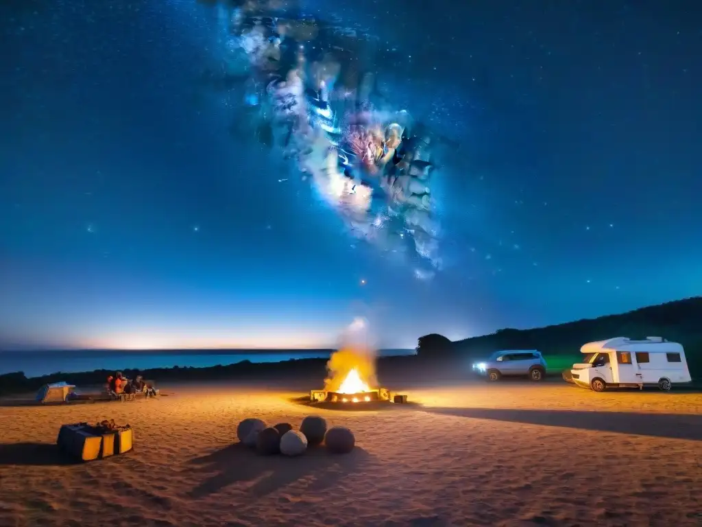 Grupo de personas disfrutando la observación astronómica en un camping de Uruguay bajo un cielo estrellado y un meteoro brillante cruzando la noche