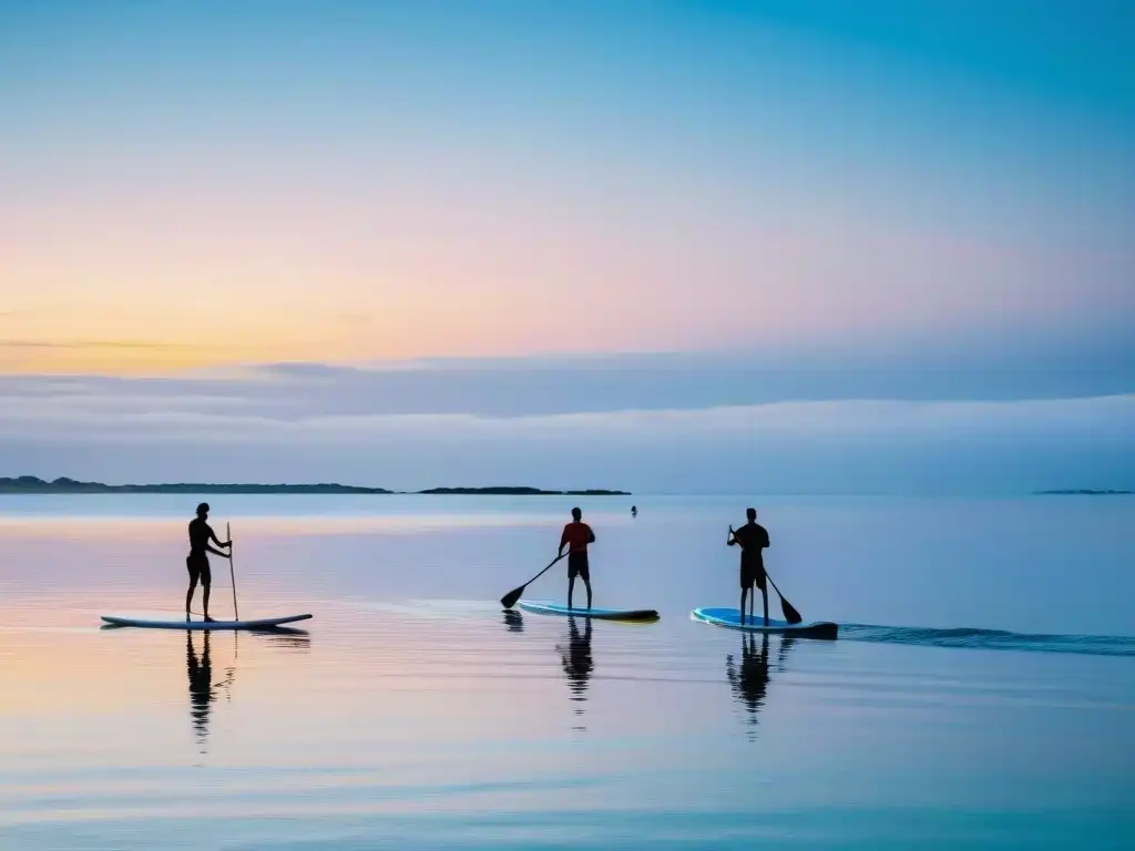 Grupo de personas practicando paddleboarding en Uruguay al amanecer, reflejando la serenidad del mar y el cielo pastel