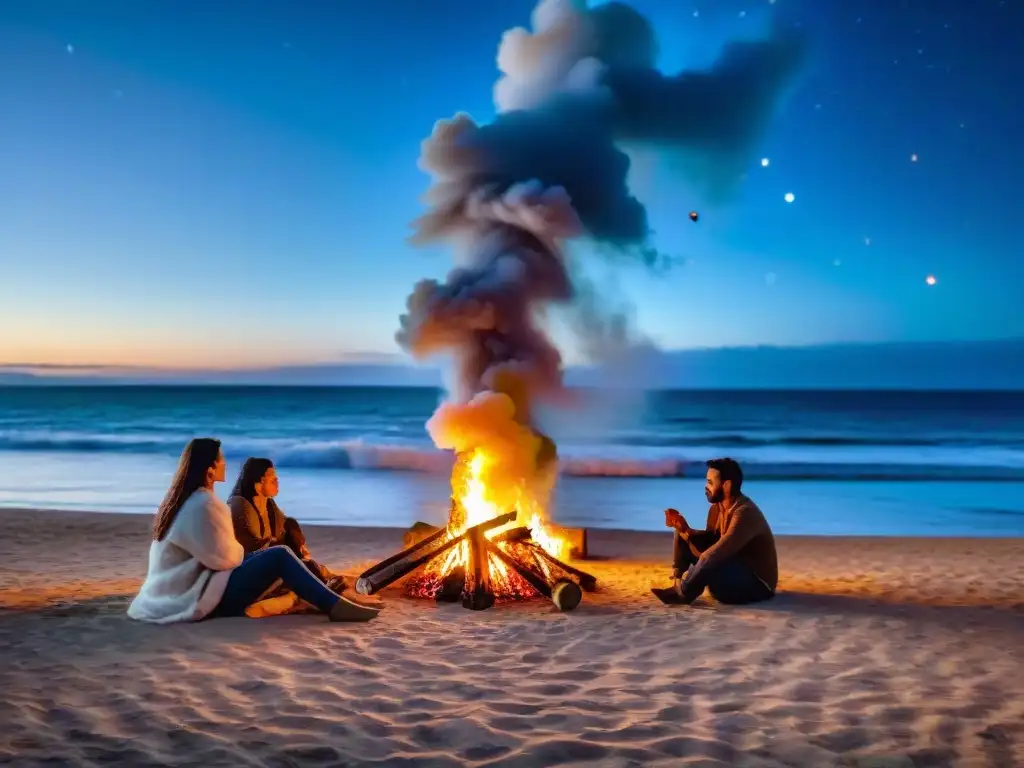 Grupo celebrando Noche de San Juan en playa de Uruguay, con fogata y ambiente festivo