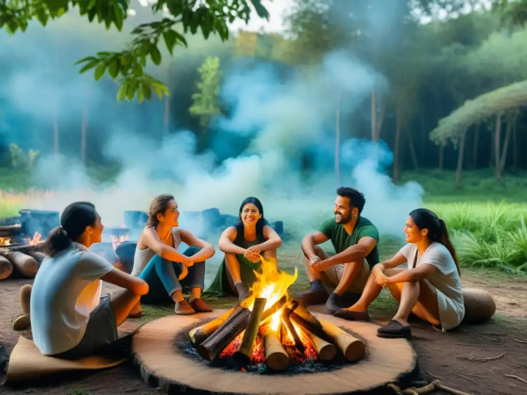 Grupo cocinando recetas fáciles para cocinar camping alrededor del campamento en el bosque de Uruguay