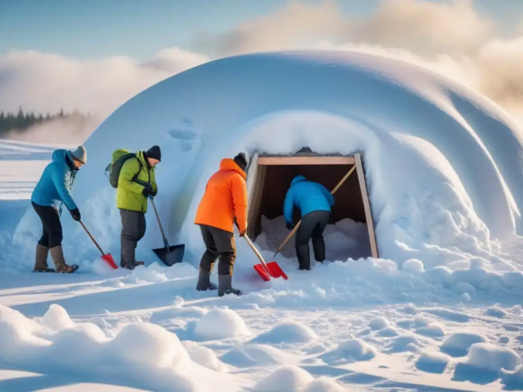 Un grupo construye refugio de emergencia en nieve con determinación, rodeados de un paisaje vasto y nevado