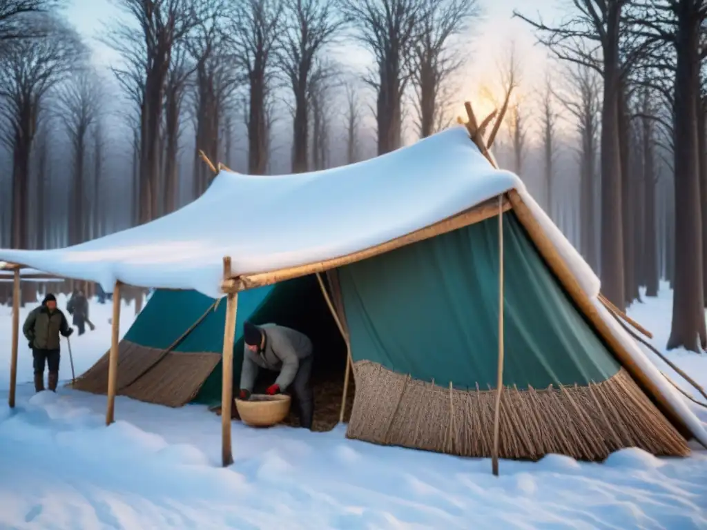 Grupo construyendo refugios improvisados en bosque nevado de Uruguay