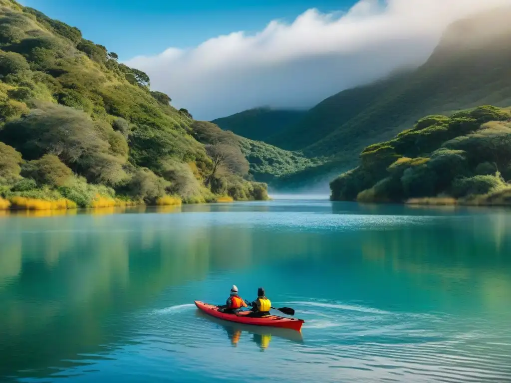 Grupo de kayakers surcando serenas aguas de Laguna Garzón en Uruguay