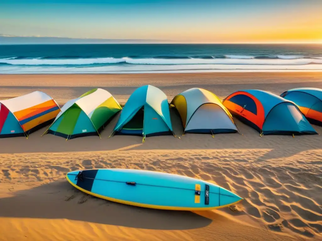 Un grupo de surfistas se prepara para surfear al atardecer en un campamento de playa en Uruguay