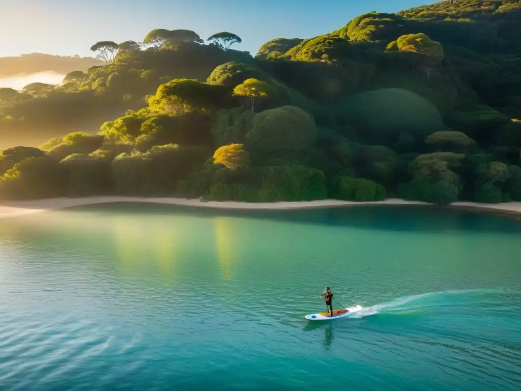 Grupo de surfistas en paddleboards en aguas cristalinas al atardecer, rodeados de vegetación, ideal para un camping de Surf de Remo