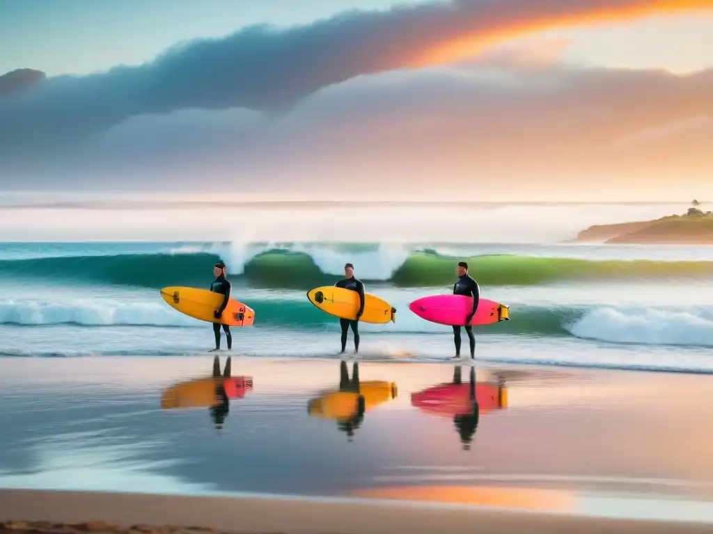 Un grupo de surfistas llevando sus tablas en una playa de Uruguay al atardecer, destacando los deportes acuáticos sostenibles en Uruguay