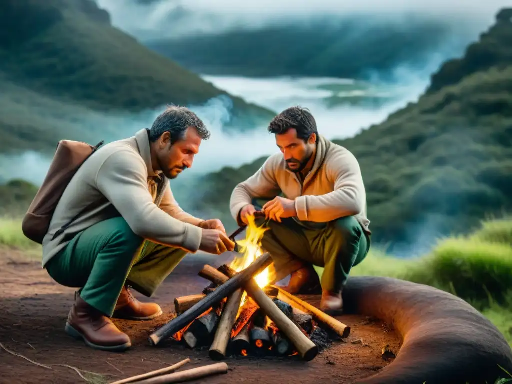 Grupo practicando técnicas de supervivencia en clima uruguayo extremo, encendiendo fuego con métodos tradicionales en el bosque denso