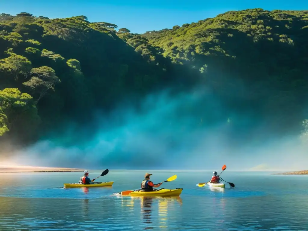 Grupo de turistas aventureros remando en kayaks por Laguna Garzón en Uruguay