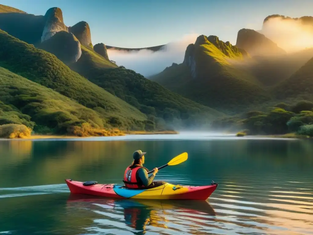 Grupo de turistas en kayaks coloridos explorando la Laguna de Valizas al atardecer en Uruguay