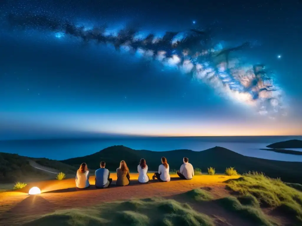 Grupo de turistas entusiastas observando el cielo estrellado en Uruguay