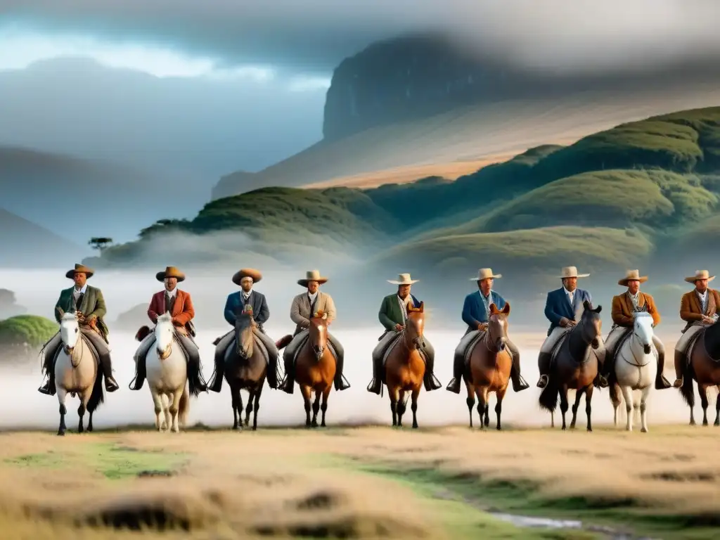 Un grupo de gauchos uruguayos tradicionales a caballo observando aves tradicionales de Uruguay en su hábitat natural