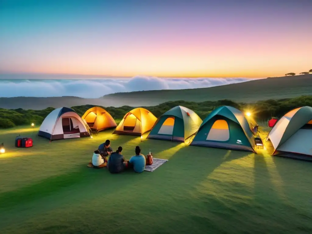 Grupo variado de campistas en Uruguay usando aplicaciones móviles de supervivencia en un escenario natural al atardecer