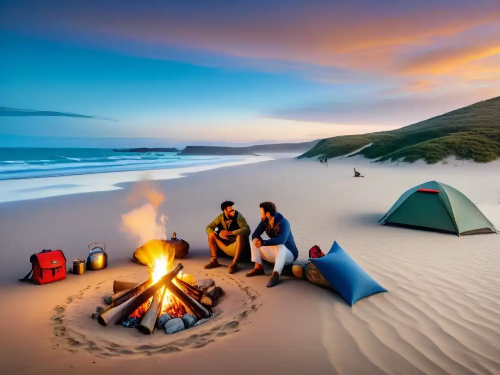 Grupo variado de campistas alrededor de fogata en la playa de Cabo Polonio, Uruguay