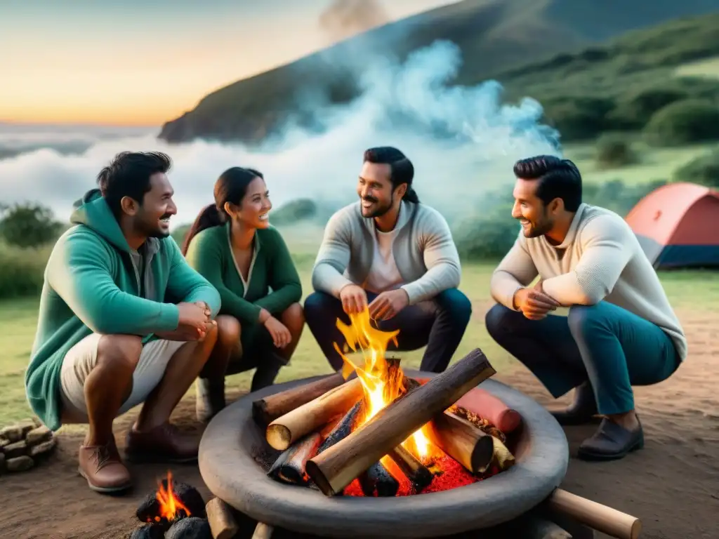 Un grupo variado de campistas alrededor de un fogón, disfrutando de un asado uruguayo tradicional en un campamento pintoresco