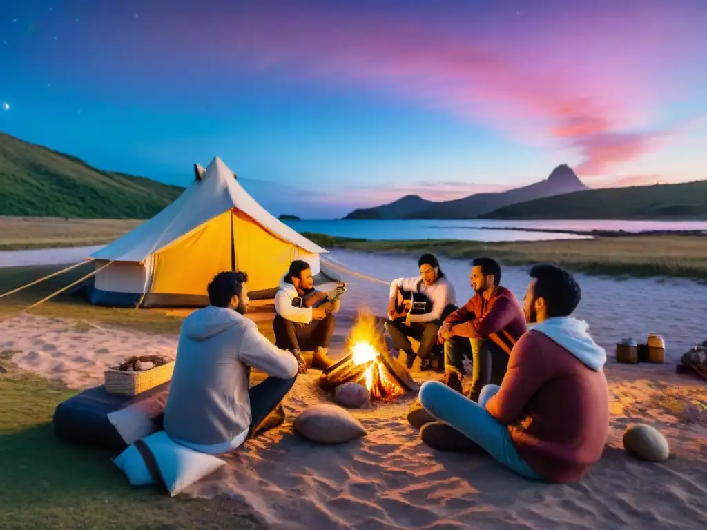 Grupo variado de campistas disfrutando de una velada cultural alrededor de una fogata en un camping en Uruguay