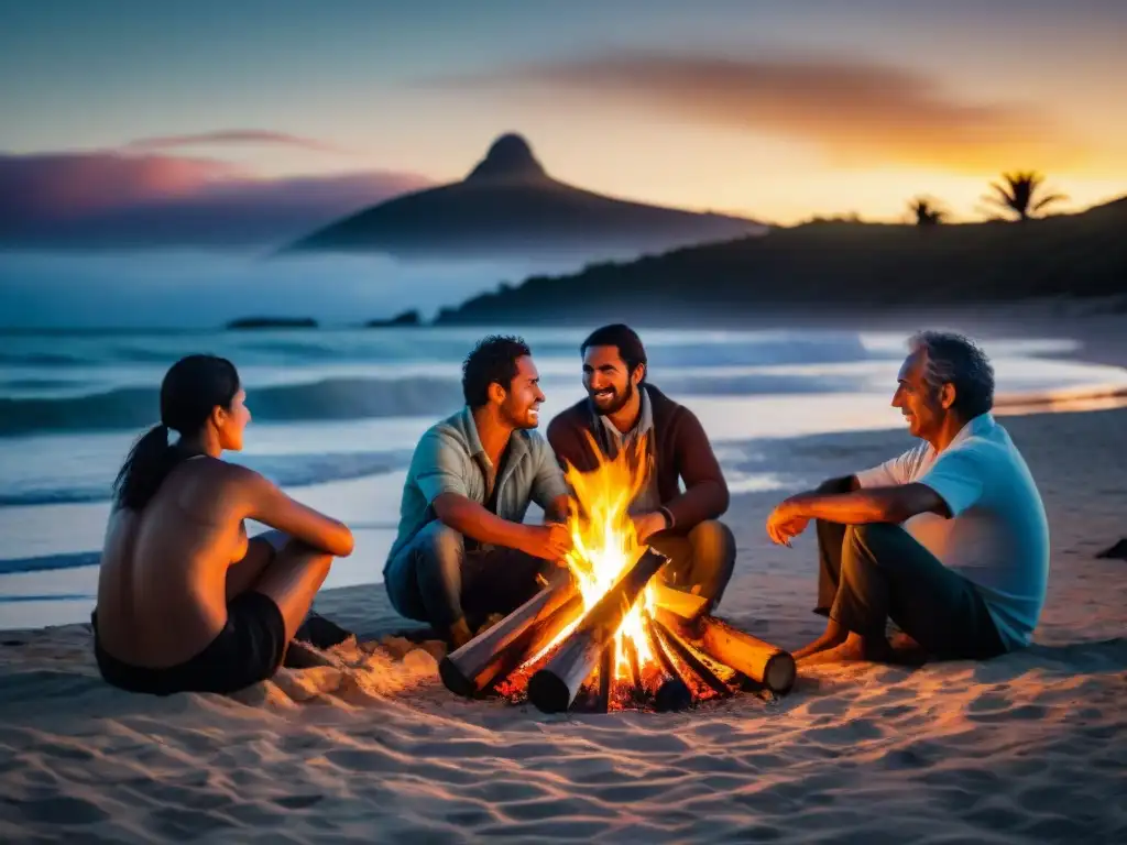 Un grupo variado de personas reunidas alrededor de una fogata en la playa en Uruguay, conectando con la tradición de campamentos