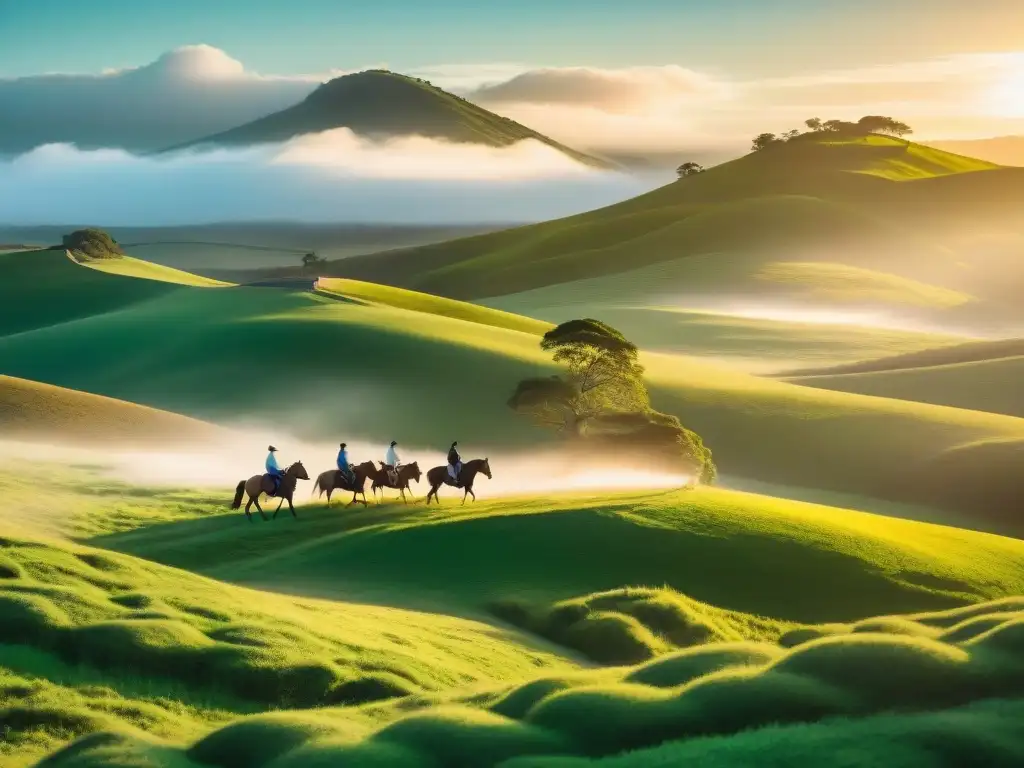 Un grupo de viajeros aventureros a caballo en el campo de Uruguay al atardecer