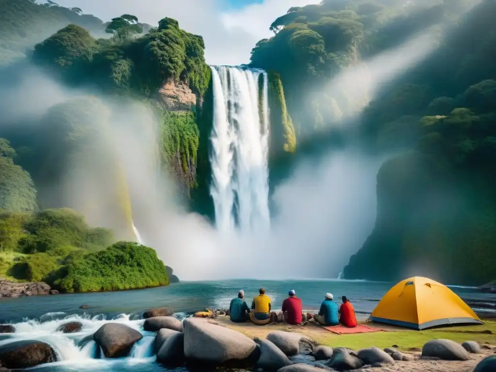 Grupo de viajeros aventureros armando campamento en base de cascada en selva de Uruguay