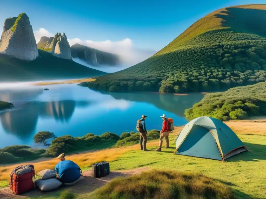 Grupo de viajeros aventureros montando campamento en Uruguay, rodeados de naturaleza exuberante y un río sereno