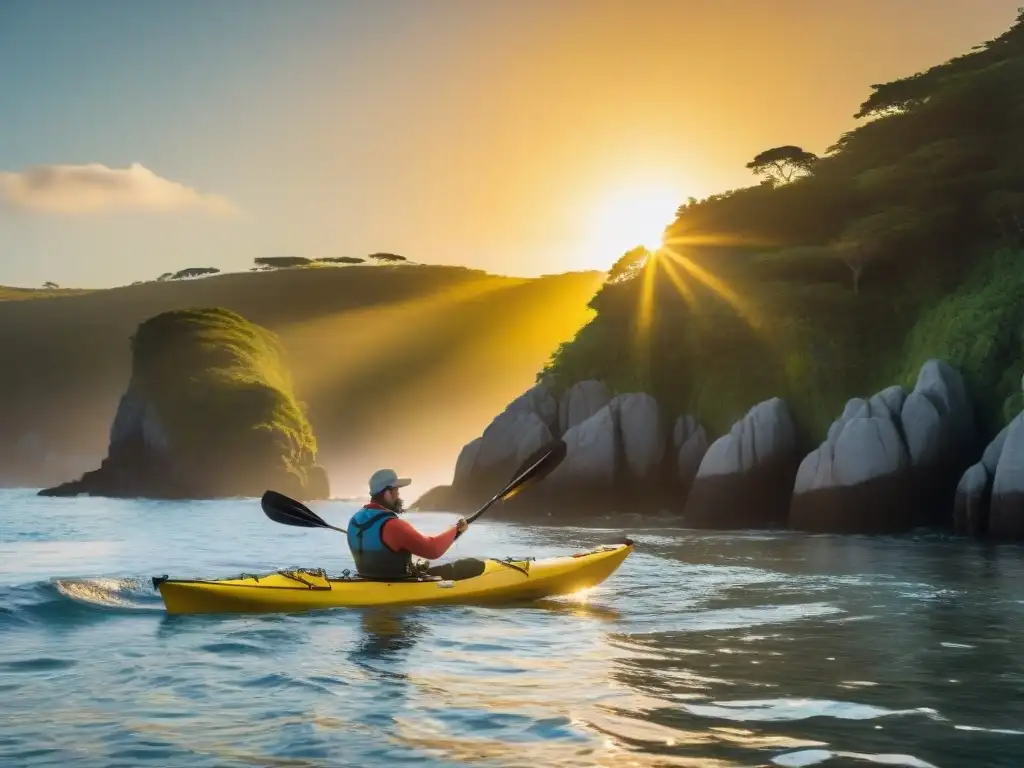 Grupo de viajeros aventureros en kayak explorando la costa de Uruguay al atardecer