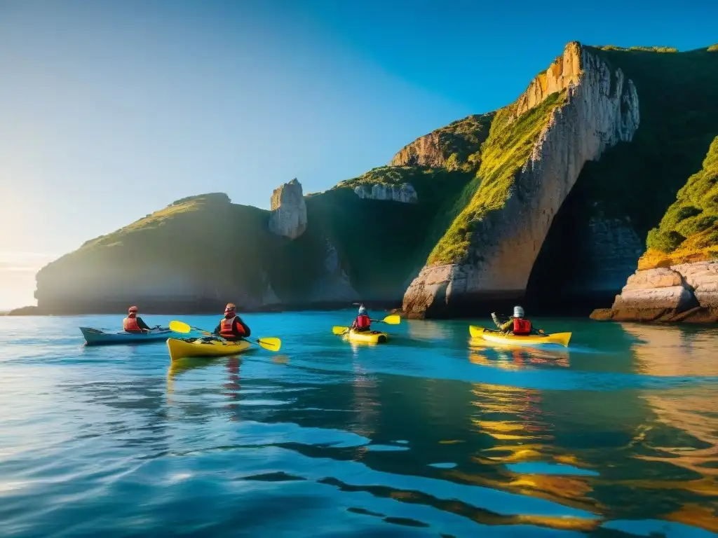 Grupo de viajeros aventureros remando en kayaks por la costa de Uruguay